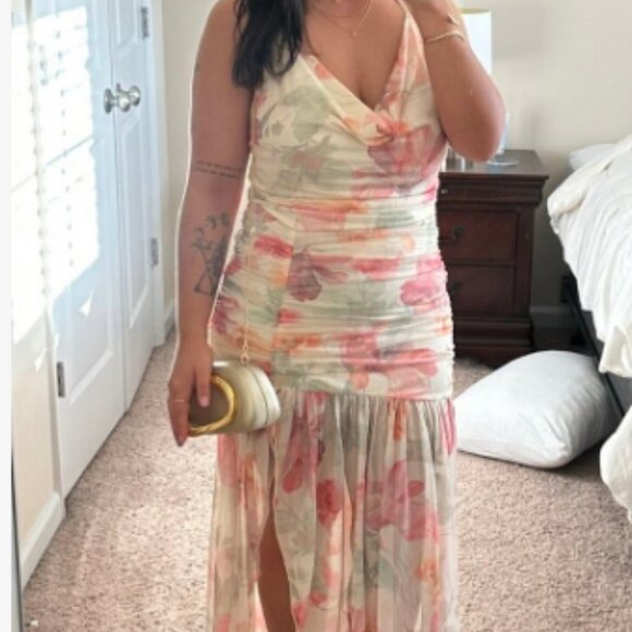 Light Yellow Boho Women's Mesh Maxi Dress High Slit Floral Print Sleeveless - Picture 8 of 8